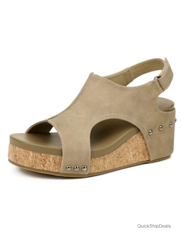 Faux Leather Cork Platform Wedge Sandals With Adjustable Slingback